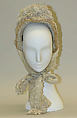 Bonnet, cotton, silk, feathers, British