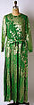 Evening ensemble, (a–c) House of Dior (French, founded 1946), a,b) silk, metallic thread
c) feathers
d,e) leather, French
