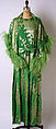 Evening ensemble, (a–c) House of Dior (French, founded 1946), a,b) silk, metallic thread
c) feathers
d,e) leather, French