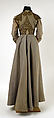 Walking dress, House of Worth (French, 1858–1956), silk, leather, metallic thread, cotton, French