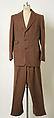 Suit, wool, rayon, bronze, elastic, leather, silk, American