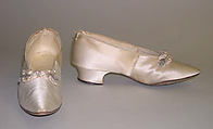 Evening shoes, J. & J. Slater (American), silk, leather, glass, American