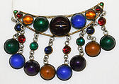 Brooch, base metal, glass, American