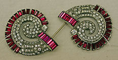 Brooch, base metal, glass, American