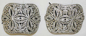 Shoe buckles, aluminum, glass, leather, probably French