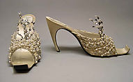 Evening slippers, House of Dior (French, founded 1946), silk, leather, metallic thread, plastic, glass, French
