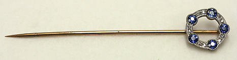 Stickpin, gold, diamonds, sapphire, American or European