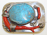 Belt buckle, metal, precious stones, probably Indigenous American (Zuni peoples)