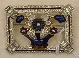 Brooch, metal, rhinestones, enamel, American