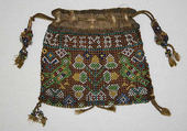 Drawstring bag, silk, glass, wood, leather, British