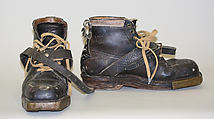 Ski boots, leather, brass, wool, American or European