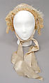 Bonnet, silk, ostrich feathers, American or European