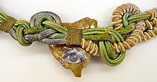 Choker, leather, brass, copper, rock crystal (quartz?), silk, plastic, American