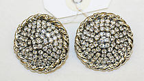 Clip earrings, Tess Sholom, metal, rhinestones, American