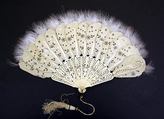 Brisé fan, silk, ivory, feathers, metal, American or European