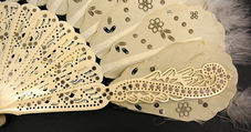 Brisé fan, silk, ivory, feathers, metal, American or European