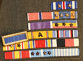 Military uniform, a, f, g, i, l, m) wool
b, c) silver
d, e, j, k, o, p, r, s) metal 
h, n, q) cotton, American