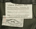 Military uniform, a, f, g, i, l, m) wool
b, c) silver
d, e, j, k, o, p, r, s) metal 
h, n, q) cotton, American