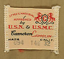 Military uniform, a, f, g, i, l, m) wool
b, c) silver
d, e, j, k, o, p, r, s) metal 
h, n, q) cotton, American