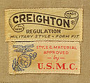 Military uniform, a, f, g, i, l, m) wool
b, c) silver
d, e, j, k, o, p, r, s) metal 
h, n, q) cotton, American