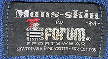 Ensemble, (a) polyester, cotton; (b) linen; (c) cotton, synthetic fiber, leather, metal; (d) suede; (e) cotton, American