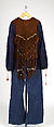 Ensemble, (a) polyester, cotton; (b) linen; (c) cotton, synthetic fiber, leather, metal; (d) suede; (e) cotton, American