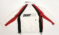 Athletic ensemble, Donna Karan New York (American, founded 1985), (a) Lycra; (b, c) synthetic fiber; (d) wool; (e, f) nylon, plastic (foam), rubber, American