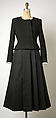 Cocktail ensemble, House of Chanel  French, (a) wool, silk; (b) cotton; (c) synthetic fiber, silk; (d, e) silk, leather, French