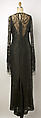 Evening dress, a) silk, synthetic, jet; b) silk, probably British
