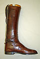 Riding boots, Peal & Co., Ltd. British, a,b) leather, cotton; c,d) leather, metal; e-n) wood, British