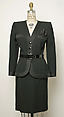 Suit, Yves Saint Laurent  French, a, b) wool, silk, plastic; c,d) leather; e) silk, French