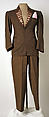 Suit, Vivienne Westwood (British, 1941–2022), a) wool, cotton, ceramic, plastic; b) wool, plastic, metal; c) linen, British