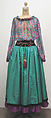 Ensemble, (a–c) Yves Saint Laurent (French, founded 1961), a) silk, synthetic; b) silk, cotton; c) silk, rhinestone, synthetic; d,e) silk, leather, French