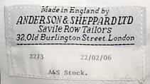 Tuxedo, Anderson & Sheppard (British, founded 1906), a) wool, silk; b) cotton, faux abalone; c) wool, silk, cotton, plastic, British