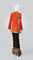 Evening ensemble, House of Balmain French, a) silk, metal, plastic; b) silk, synthetic, fur, French