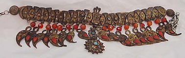 Necklace, cotton, metal, amber, turquoise, carnelian, Moroccan