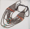 Necklace, Metal, coral, and turquoise with silk, Tibetan