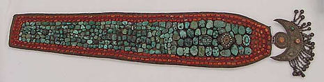 Headdress, turquoise, coral, metal, cotton, Indian