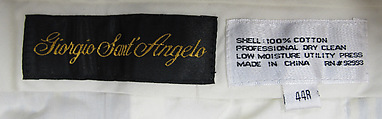Suit, (a) cotton, synthetic; (b) cotton, synthetic, metal; (c) silk; (d) silk, leather, metal; (e) cotton; (f, g) metal, enamel; (h) silk; (i, j) cotton; (k, l) leather; (m) straw, silk, leather; (n) wood, horn, synthetic., American