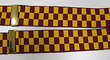 Suit, (a) cotton, synthetic; (b) cotton, synthetic, metal; (c) silk; (d) silk, leather, metal; (e) cotton; (f, g) metal, enamel; (h) silk; (i, j) cotton; (k, l) leather; (m) straw, silk, leather; (n) wood, horn, synthetic., American
