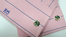 Suit, (a) cotton, synthetic; (b) cotton, synthetic, metal; (c) silk; (d) silk, leather, metal; (e) cotton; (f, g) metal, enamel; (h) silk; (i, j) cotton; (k, l) leather; (m) straw, silk, leather; (n) wood, horn, synthetic., American