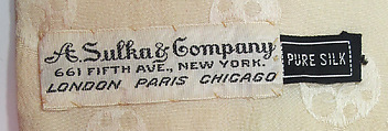 Ensemble, (a) wool, silk; (b) silk, synthetic; (c) silk; (d, e) cotton; (f) wool, silk, leather., American