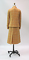 Ensemble, House of Chanel (French, founded 1910), wool, silk, cotton, leather, metal, mother-of-pearl, French