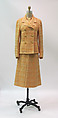 Ensemble, House of Chanel (French, founded 1910), wool, silk, cotton, leather, metal, mother-of-pearl, French