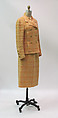Ensemble, House of Chanel (French, founded 1910), wool, silk, cotton, leather, metal, mother-of-pearl, French