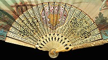 Fan, ivory, mother-of-pearl, paper, gouache, metal, French