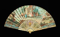 Fan, ivory, mother-of-pearl, paper, gouache, metal, French