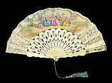 Fan, Ivory, paper, silk, mother-of-pearl, metal, metallic, possibly French