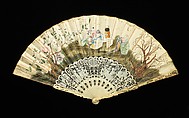 Fan, ivory, paper, gouache, mother-of-pearl, wood, probably French