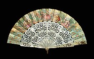 Fan, mother-of-pearl, paper, gouache, metal, probably French